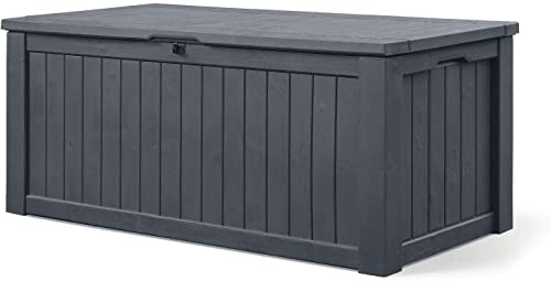 Koll Living Auflagenbox/Kissenbox 570 Liter l 100% Wasserdicht l mit Belüftung dadurch kein übler Geruch/Schimmel l Moderne Holzoptik l Deckel belastbar bis 250 KG (2 Personen) (Anthrazit)
