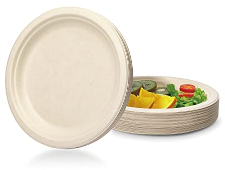 PUYI 50 pcs Assiette Jetable 17.8cm Biodégradables en Carton de Canne à Sucre Ecologique et Compostable Assiettes Jetables Idéal pour les Fêtes, Barbecue, Pique-Nique Vaisselle Jetable-naturel