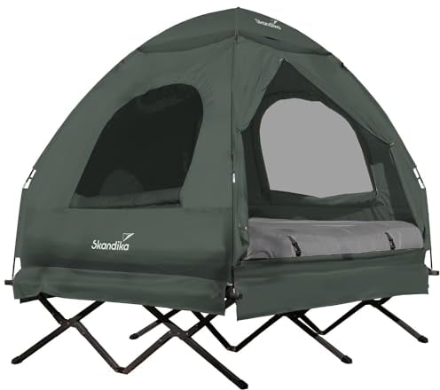 Skandika Haug Lit de Camp surélevé avec Toit 2 pers. | Matelas Gonflable, étanche, lit d'extérieur, Max 160 kg | Tente de pêche 4en1, (Army Green)
