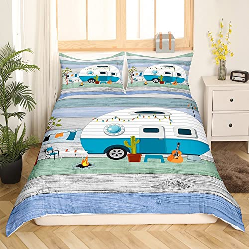 Camping Bettbezug 135 x 200 cm rustikales Camper Bettwäsche Set für Kinder Jungen Mädchen Kinder Geschenk für Camper Vintage Scheunentor Bettbezug aus Holz Bauernhaus Camper Schlafzimmer Kollektion