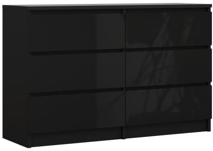 3E 3xE living.com Kommode mit 6 Schubladen 120 cm, Farbe: Schwarz Matt/Schwarz Glanz, H: 79 cm, B: 120 cm, T: 39 cm