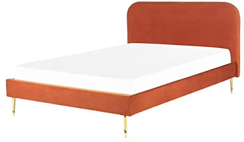 Beliani Polsterbett Samtstoff orange mit Lattenrost 160 x 200 cm Metallfüße Gold Flayat