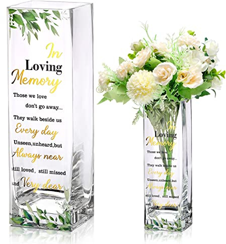 Hoolerry Botanische Gedenkvase aus Glas mit Beileidsvers, transparent, rechteckig, 8,9 x 8,9 x 24,9 cm, dekorative Blumenvase für Beerdigung, Gedenkpartys, Tischdekoration