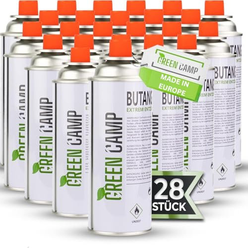 Greencamp ® Gaskartuschen 227g ideal für Gaskocher, Gasheizung, Gasbrenner, Unkrautbrenner oder Campingkocher – Butan Gaskartusche Typ MFS – 1A für perfekt für Küchenbrenner (28 Kartuschen)