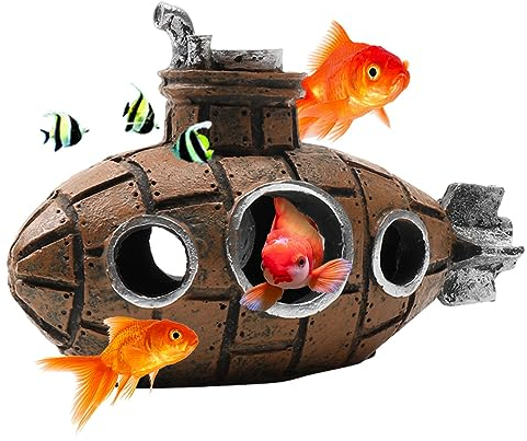 HyzaPhix U-Boot Aquariumdekoration Unterseeboot Aquarium Deko Fisch Tank Ornament Höhle Aquarium Decoration für Kleine Garnele Fisch Shrimp Hiding (U-Boot braun)