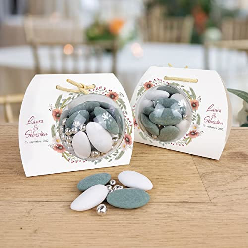 Boîtes à dragées ballotin bapteme communion mariage boule 6cm ''Couronne de fleurs'' personnalisée avec votre texte lot de 4