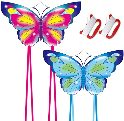 Schmetterling Drachen Kinder Erwachsene, Schmetterling Flugdrachen Kinder Junge Mädchen, Drachen Spielzeug Flugspielzeug Für Kindergeburtstag Geburtstag Geschenke, Mit Flugdrachen Zubehör (Blau+Rosa)