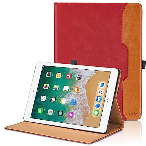 Funda para iPad 9,7 Pulgadas 2018/2017 (6.ª/ 5.ª Generación), iPad Air 2/Air 1 PU Leather Ángulos Ajustables Tablet Case con Supporto Funzione y Bolsillo, Auto Reposo/Activación - Rojo