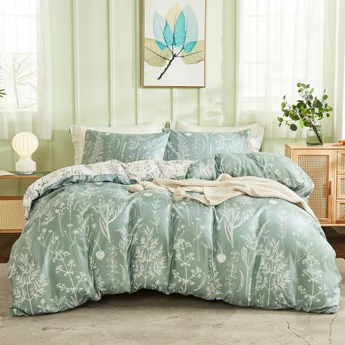 Herside Green Floral Duvet Cover Set Double Botanical Bedding Green White Plants Branches Reversible Design Pastoral Style Bedding Set 1 Duvet Cover 2 Pillowcases (Green, Double), TJ-N321-001