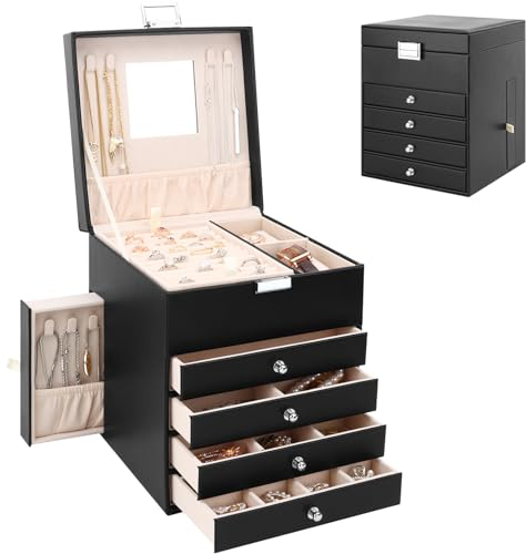 Jewellery Box Organiser with 6 Drawers and Mirror, Large PU Jewelry Organiser Display Case with Side Drawers, 5 Layers Jewellery Box for Rings Earrings Bracelets Necklaces, Black