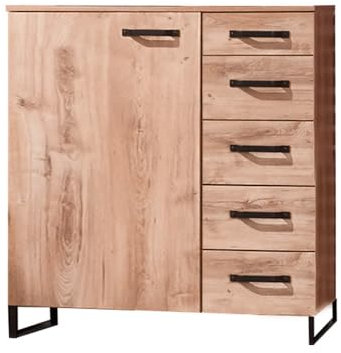 Lomadox Kommode Sideboard 81 cm, 1 Tür, 5 Schubladen, Eiche mit Stahl Nb.
