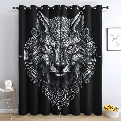 THYUNQ Vorhänge Wikinger Wolf Motiv, Vorhang Blickdicht Verdunklungsvorhänge Thermovorhang mit Ösen, Gardinen Wohnzimmer Schlafzimmer Fenster, 2er Set Curtains, H 166 x B 75 cm
