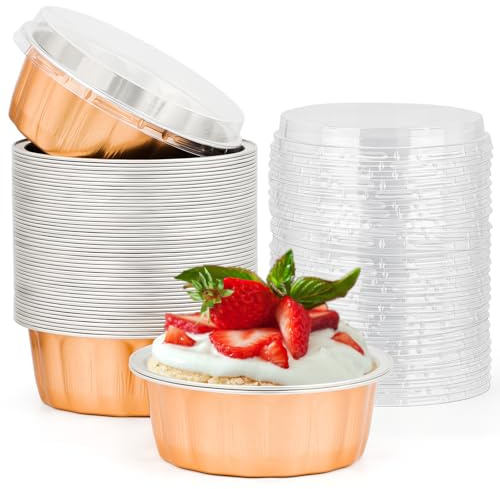 Beasea Lot de 50 ramequins jetables de 236,8 g en aluminium doré rose avec couvercles, pour crème brûlée, muffins, cupcakes, pudding pour fête, mariage, anniversaire