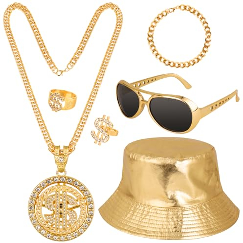 FENGQ 6pcs Hip Hop Kostüm Kit, Dollar Kette Set, 90er Jahre Outfit Goldener Fischerhut Halskette Ring Sonnenbrille Rapper Zubehör, 70er Jahre Zuhälter Kostüm Accessoires für Fasching Karneval Party