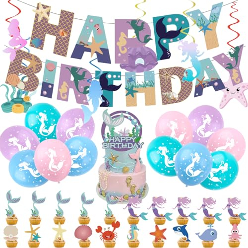 44Pcs Mermaid Birthday Decorations Set for Girls - Happy Birthday Banners, Latex Balloons, Cake Toppers, Hanging Spiral for Under the Sea Themed Party Supplies