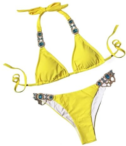 WOYUANSHA Bikini Badeanzug Damen Sexy Bikini Set Druck Halter BH Strass Steine Kette Slips Set Push Up Badeanzug