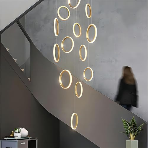 RuiRfh Kronleuchter Moderne große Treppe Pendelleuchte 15 Lichter LED kreativer Goldener Aluminiumring Treppenlicht Villa Foyer dimmbar eingebettete hohe Decke Hängelampe mit Fernbedienung (Color : D