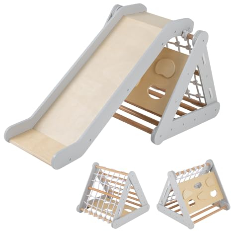 DREAMADE 4 IN 1 Kletterdreieck mit Rutsche und Kletternetz, Holzdreieck Kletterspielzeug aus Holz, Indoor Klettergerüst zum Rutschen und Klettern für Kinder ab 1 Jahr (Grau)