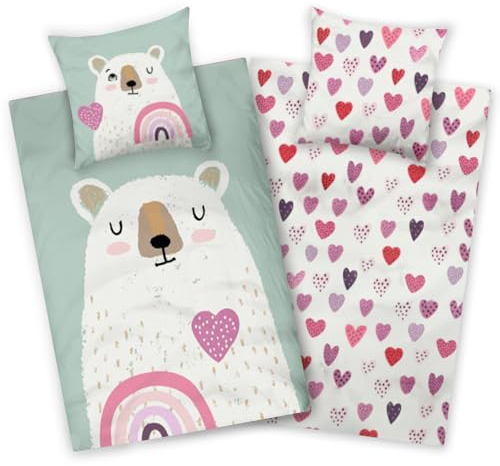 Aminata kids Biber Bettwäsche Bär 135x200 Kinder Baumwolle Tier-Motiv, Reißverschluss warm & kuschelig, Flanell-Winter-Bettwäsche-Set - Wendebettwäsche mit Teddy und Herzen türkis