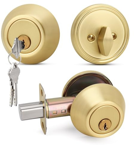 Moquin Brushed Gold Round Design Single Cylinder Deadbolt with Key, Satin Brass Modern Keyed Dead Bolt for Exterior Front/Entrance Doors and Office Doors