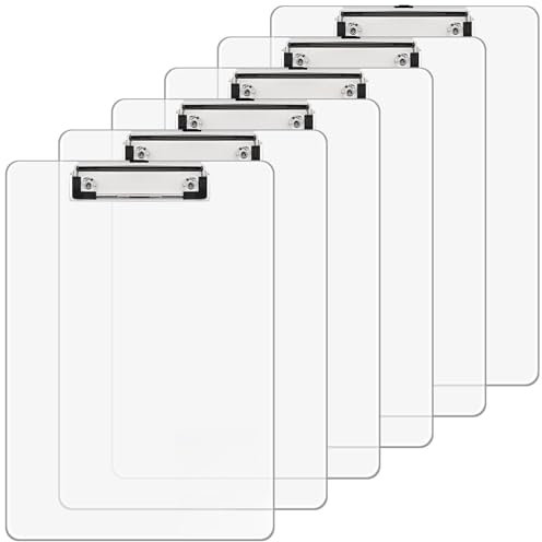 Ycxvacop Lot de 6 planchettes à pince en plastique transparent, porte-bloc en plastique transparent, porte-bloc en acrylique avec pince à profil bas, planches à clip en plastique transparent (clip