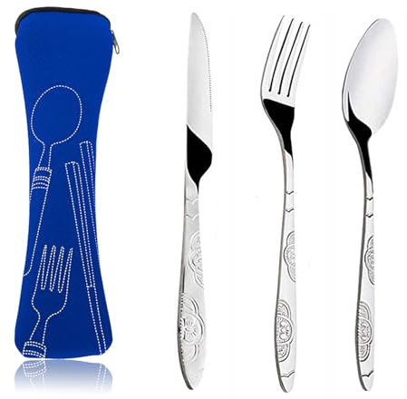 XOPOZON Lot de 3 Couverts de Camping, Ensemble de Couverts Transportables, Couverts en Acier Inoxydable avec Sac en Néoprène Idéal pour les Voyages et le Camping (Bleu Foncé)