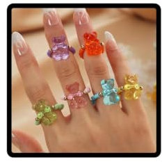 Wedity Bunte Bär Ringe, Satz von 6, elastische Reis Perlen Ringe