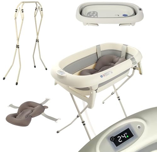 Bañera plegable para bebé con soporte de acero, termómetro integrado, cojín ergonómico y manguera de drenaje, para bebé, diseño de delfín, compacto y portátil, de 0 a 3 años, gris