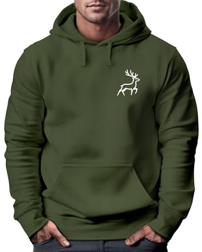 Neverless® Hoodie Herren Print Aufdruck Hirsch Wald-Tiere Kapuzen-Pullover Männer Outdoor Fashion Streetstyle Oliv L