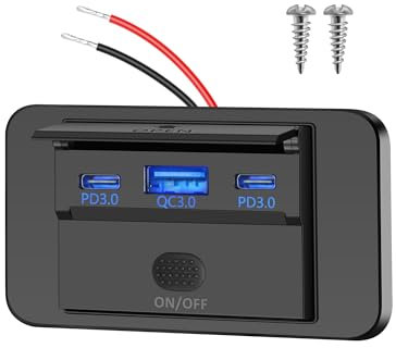 Xahpower Prise de Chargeur USB 3 Ports, Chargeur de Voiture Doublé PD3.0 USB C et QC3.0 USB A avec Interrupteur, Adaptateur USB pour 12V/ 24V Camping-Car, Voiture, Fourgon, Bateau, Caravane