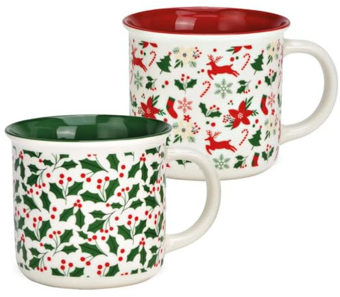 Lot de tasses de Noël en porcelaine avec décor de Noël – Jolies tasses à café Ø 8 x 10 cm Rouge et vert Tasse à vin chaud pour l'hiver et Noël – Porcelaine de qualité supérieure – Passe au