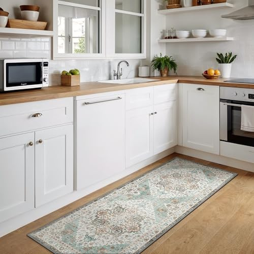 BEIMO Läufer Flur 80x200cm, Vintage Waschbarer Teppich Hellgrün | Boho Orientalisch Wohnzimmerteppich, Weicher Kurzflor Klein Carpet mit Rutschfester für Eingang, Bettvorleger Schlafzimmer