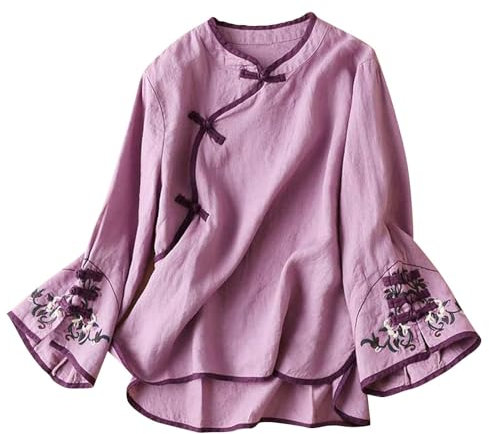 cfpqv Camicetta tradizionale cinese da donna, ricamata, cotone, lino, campana, maniche lunghe, bottoni a rana, top, camicetta Cheongsam rossa da donna, Lilla, XL