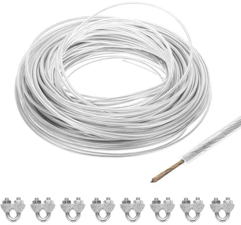 QUARKZMAN 4mm (5/32) Cavo Acciaio Rivestito Trasparente, 60m/197ft Cavo Acciaio Zincato con 8Pz M5 Maniche a Anello Morsetti Stendibiancheria per Appendere Luci Corda, Ringhiere Ponti