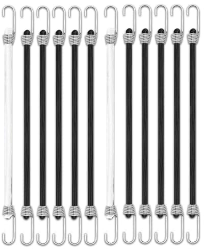 Spanngummi mit Haken 25 cm, 12 Stück Expander mit Haken, Gummispanner, Vielzweck Gepäckspanner Schwarz Weiß Gummiseil für Camping, Outdoor Haushalt Gepäck Planen Dachträger