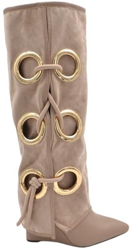 Stivali Donna Alti in camoscio Beige Applicazioni Oro Modello Shark Risvolto Fino a Terra Zeppa 10 cm con Zip (41 EU)