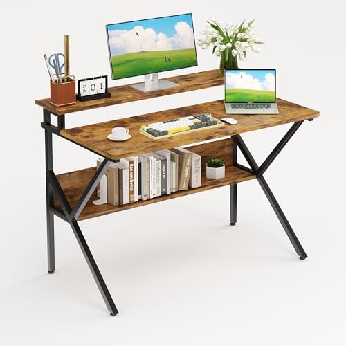 CAIYUN 100cm Computer Desk, Home Office Desks for Home, Small Desk for Small Spaces, Rustic Brown Table with Monitor Stand