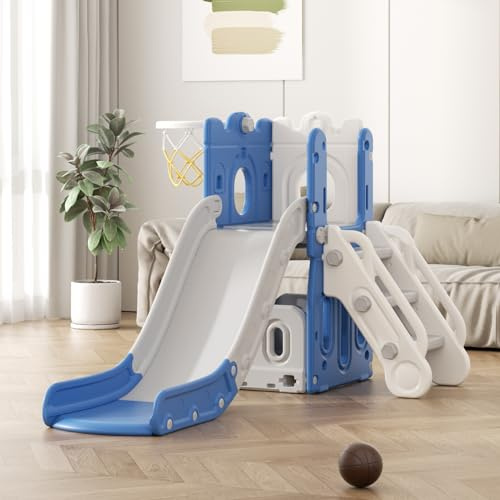 Rutsche mit Klettergerüst für Kinder: Indoor Spielplatz mit - Aufbewahrungsbox Tunnel Treppenleiter Basketballkorb und Durchgangsbereich Gartenrutsche (Tower-I-Blue)
