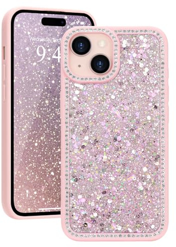 Ethanger Glamorous Glitter Case for iPhone 15, Soft Flexible Cover with Sparkling Rhinestone Bling Crystal for Women Girls Sparkling Shockproof Protective Border for iPhone 15, Pink