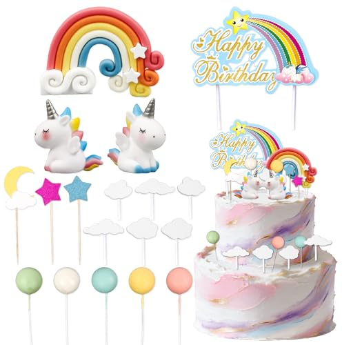 Einhorn Kuchen Topper Set, 3D Torten-Dekoration für Geburtstag Mädchen, Einhorn Torten-Deko mit Regenbogen & Ballons, Geburtstagstorte Deko für Kinder