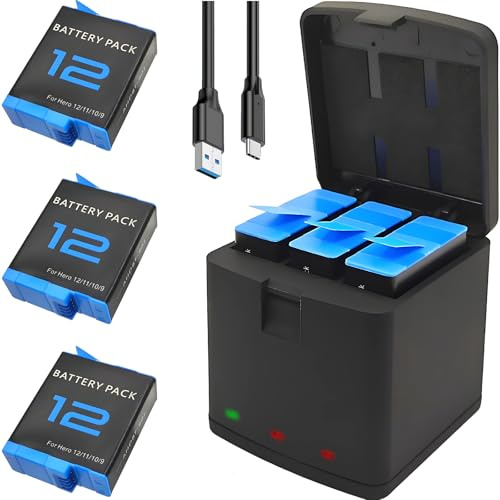 Batteria enduro e caricabatterie per GoPro Hero 9 10 11 12 Nero | Kit di ricambio extra di lunga durata per Go Pro Hero9 Hero10 Hero11 Hero12 ADBAT-011 Nine con caricabatterie portatile
