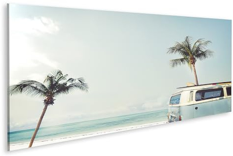 islandburner Leinwandbild Kult T1 Bus am Strand mit Palmen und Surfbrett in der Karibik - Leinwand 120x40cm - Panorama