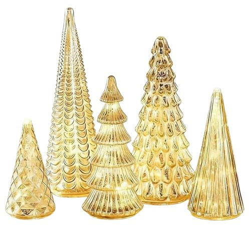 Set Of 5 Illuminated Mercurys Glass Christmas Tree With LED Lights,Light Up Gold Christmas Tree | Silver Finish Acrylic Figurines Tabletop Ornament For Home Offices Mantle Holiday Decor