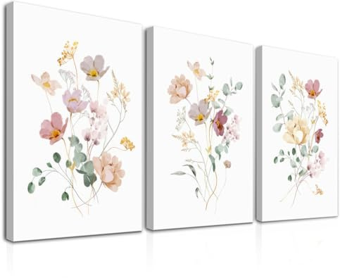 Dazzlewall Aquarell Blumen Leinwand Bilder Minimalistische Botanische Wandbilder für Schlafzimmer Wohnzimmer Dekor 30x40 cm Mit Rahmen 3er Set