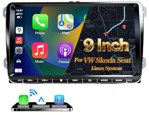 URVOLAX DAB+ Autoradio Bluetooth per VW Skoda Seat: 9 Pollici Schermo per Auto con Apple CarPlay Android Auto Wireless - Linux Autoradio 2 DIN per Golf 5 6 T5 Polo 6r Caddy Touran Passat Tiguan Fabia