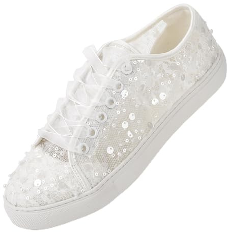 Mrs White 883-8 Women's Wedding Sneakers Lace Sequin Bridal Flats Breathable Comfortable Casual Shoes Colour Ivory,Size 9 B(M) US/40 EU