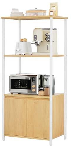 YITAHOME Küchenregale, Mikrowellenregal, Bäckergestelle für Küchen mit Stauraum, Kaffeebar, 3-stöckiger Snackständer mit Schrank, 56 x 36 x 121 cm, gelbe Eichenbretter, weiße Eisenrohre