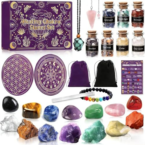 MWZEAUL Kit de Pierres Précieuses, 21 Pièces Gemmes et Cristaux de Guérison Naturelle, avec Fleur de Vie pour Recharger les Pierres, pour Méditation Yoga Sommeil Étude, Cadeau pour Halloween Noël