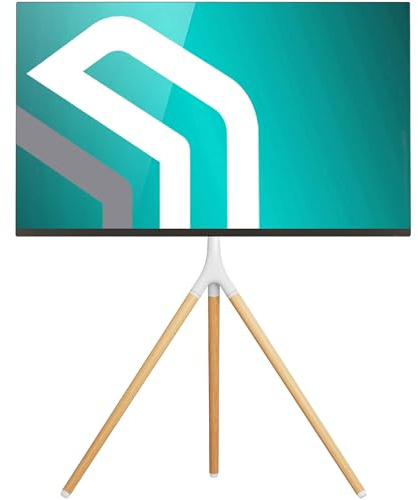 ONKRON Supporto TV Treppiede 32-65, 35 kg, max VESA 400x400, TS1220-W | Cavalletto TV bianco, rotazione 360°, design in legno, struttura tipo treppiede, cavi nascosti; per salotto, hotel e uffici