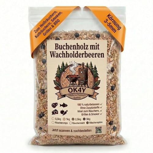 ok4y Räucherspäne Buche & Wacholder – Mittelgrobes Buchenholz Körnung 3–5 mm | 0,5–5 kg wählbar – Smoker Späne für Räucherofen & Kaltrauchgenerator | Räucherzubehör Fisch & Fleisch | Deutsche Marke